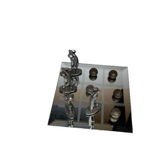 Golf Tic Tac Toe Game 4 Metal Golfers And Balls With Mirror Board Pewter Set - Picture 1 of 11